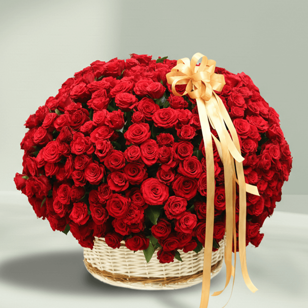 250 Red Roses Basket Arrangement arranged with 250 red roses with a luxe gold ribbon