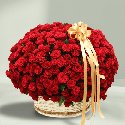 250 Red Roses Basket Arrangement arranged with 250 red roses with a luxe gold ribbon