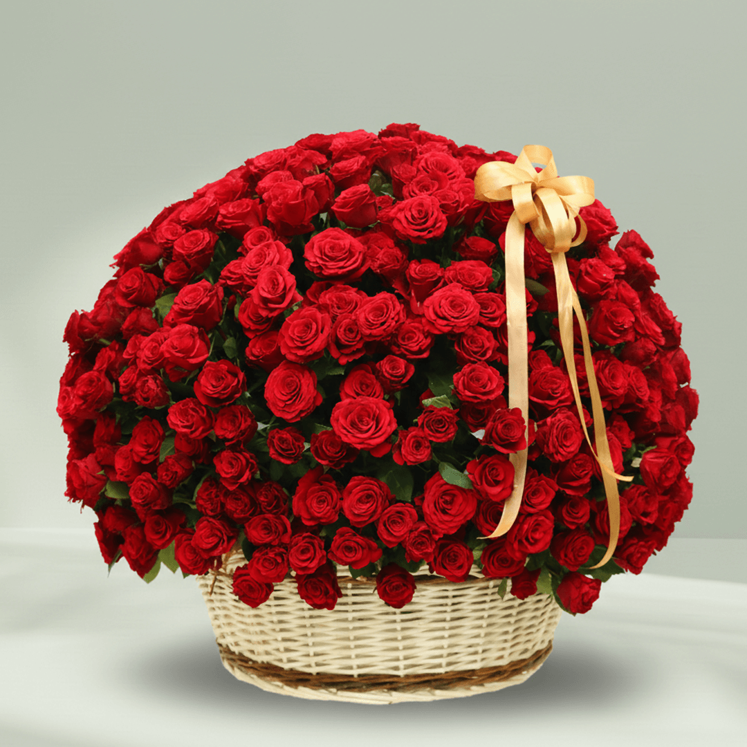 250 Red Roses Basket Arrangement arranged with 250 red roses with a luxe gold ribbon
