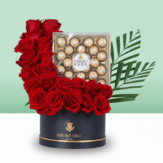 Rose & Ferrero Valentine Treat Box arranged with red roses, fresh fillers and Ferrero Rocher chocolates