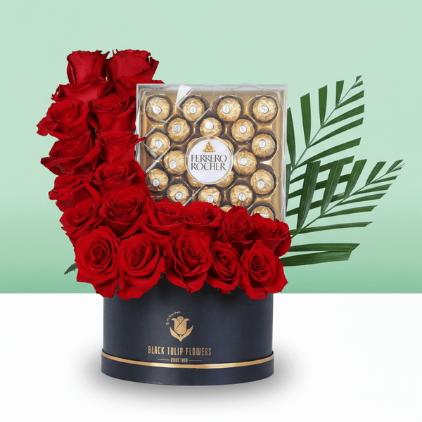 Rose & Ferrero Valentine Treat Box arranged with red roses, fresh fillers and Ferrero Rocher chocolates