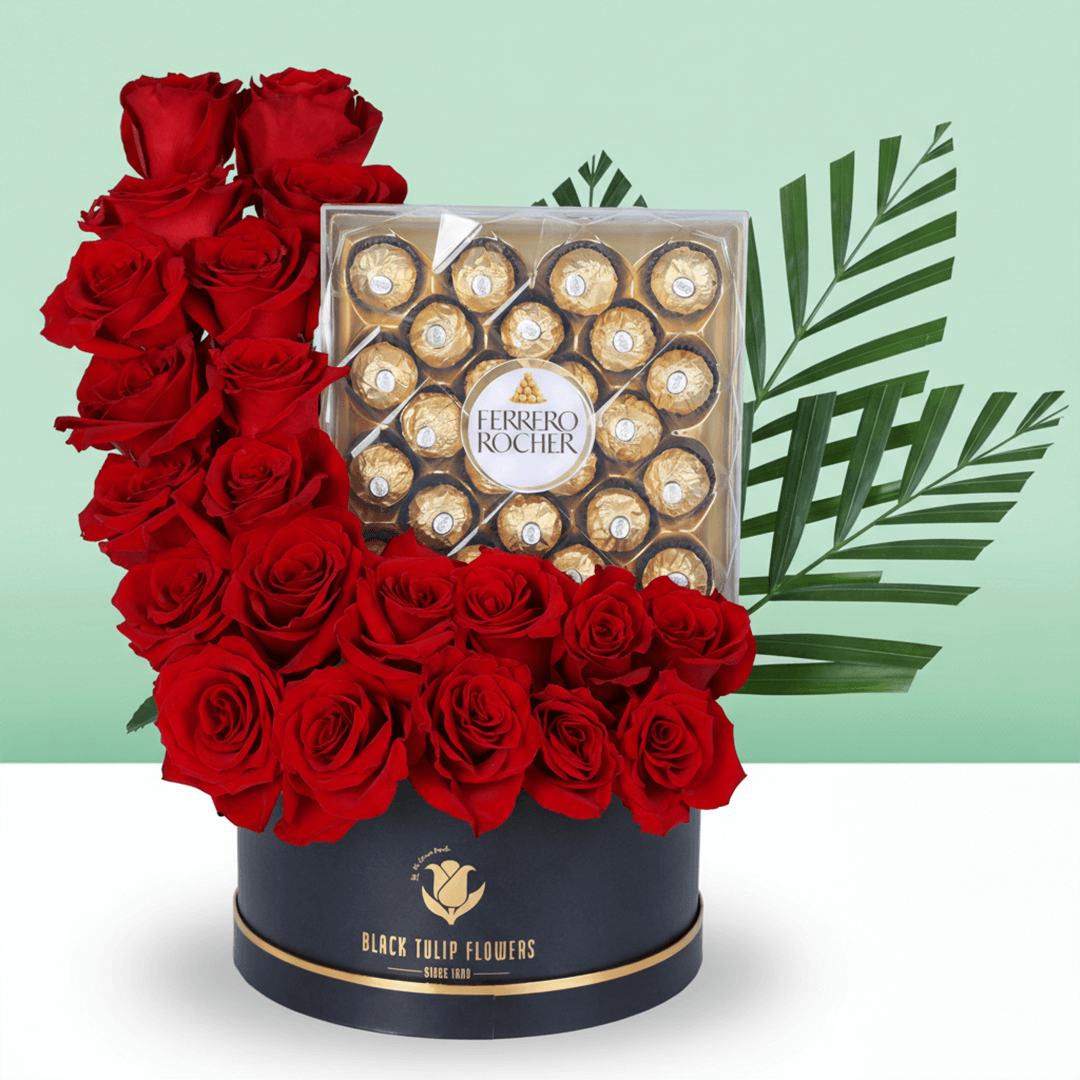 Rose & Ferrero Valentine Treat Box arranged with red roses, fresh fillers and Ferrero Rocher chocolates