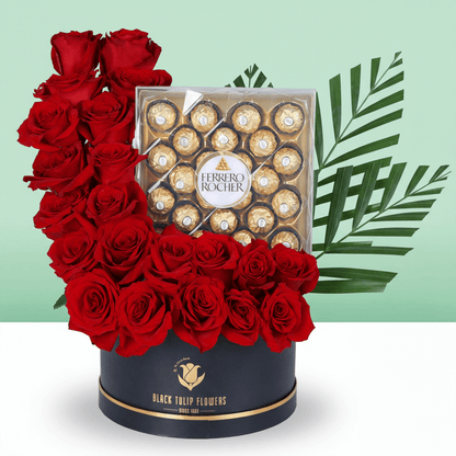 Rose & Ferrero Valentine Treat Box arranged with red roses, fresh fillers and Ferrero Rocher chocolates