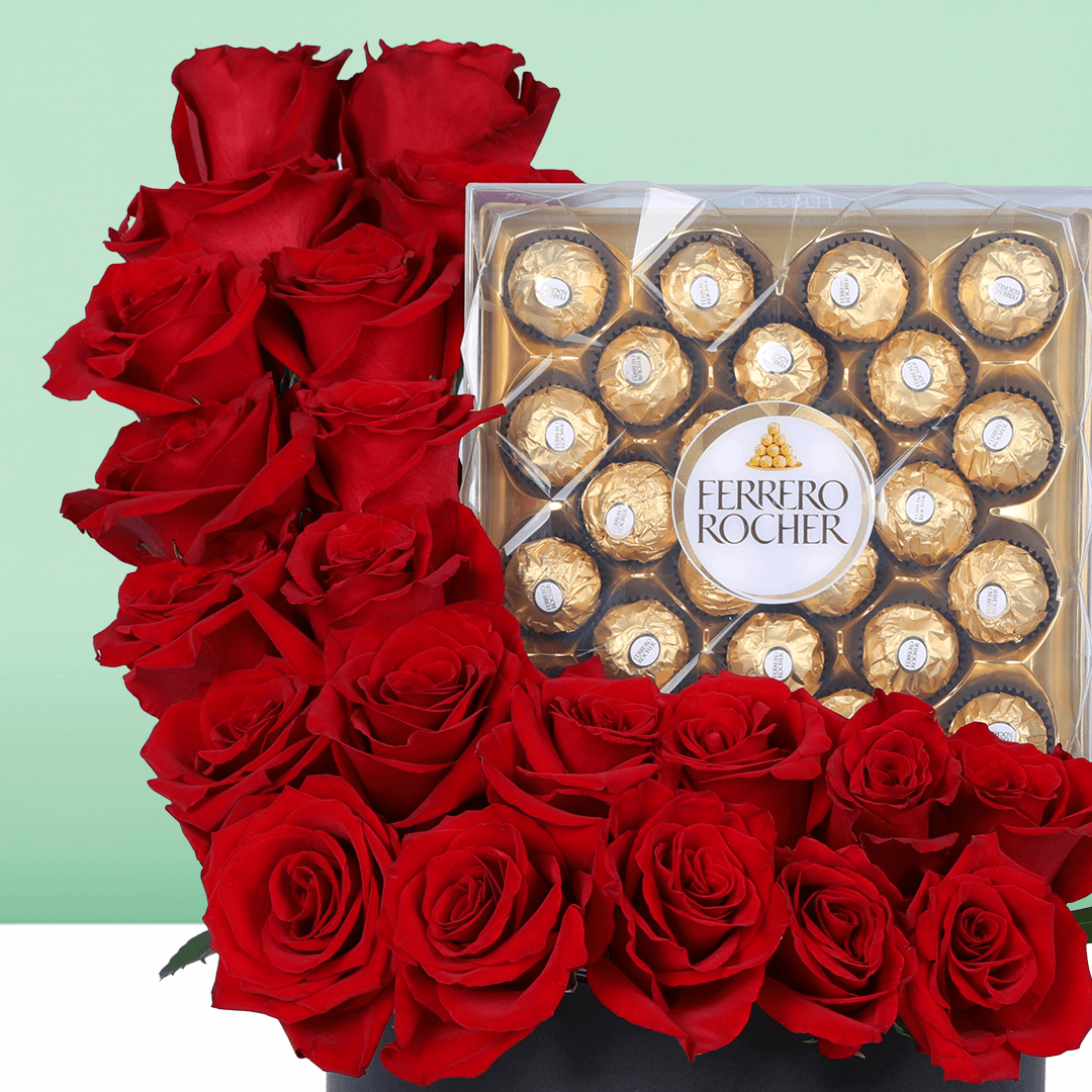Rose & Ferrero Valentine Treat Box arranged with red roses, fresh fillers and Ferrero Rocher chocolates