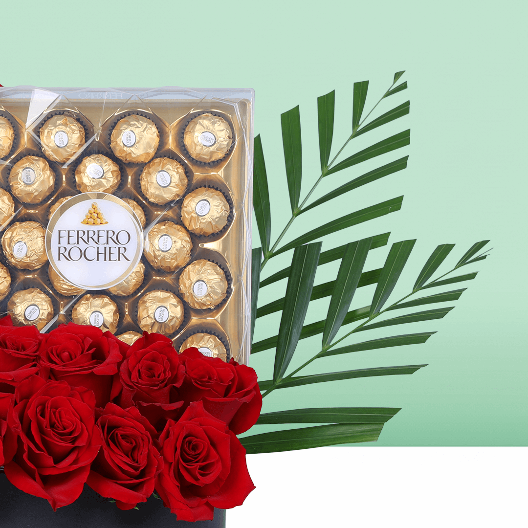 Rose & Ferrero Valentine Treat Box arranged with red roses, fresh fillers and Ferrero Rocher chocolates