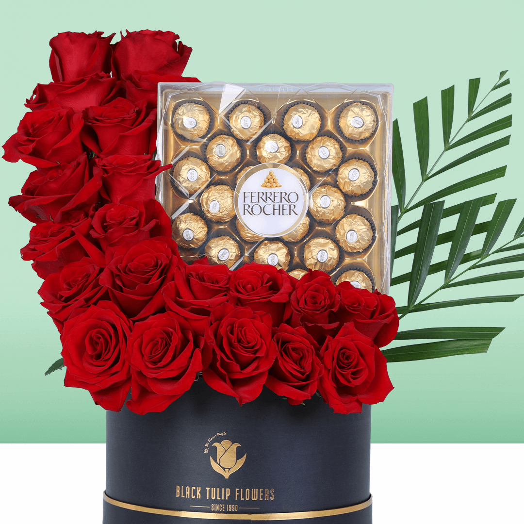 Rose & Ferrero Valentine Treat Box arranged with red roses, fresh fillers and Ferrero Rocher chocolates