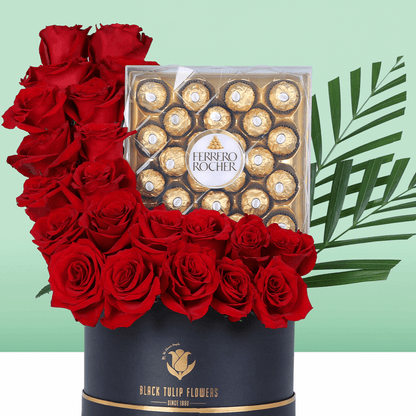 Rose & Ferrero Valentine Treat Box arranged with red roses, fresh fillers and Ferrero Rocher chocolates