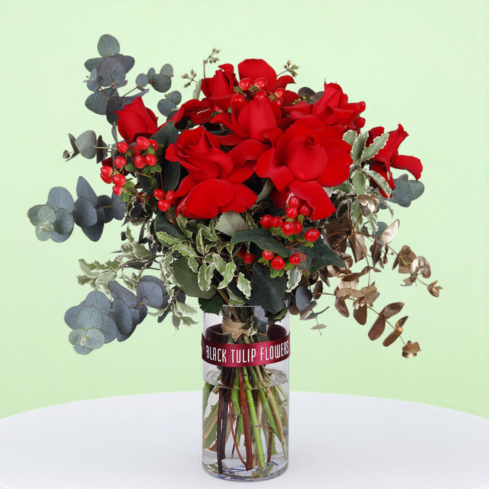 Red Rose Eucalyptus Vase