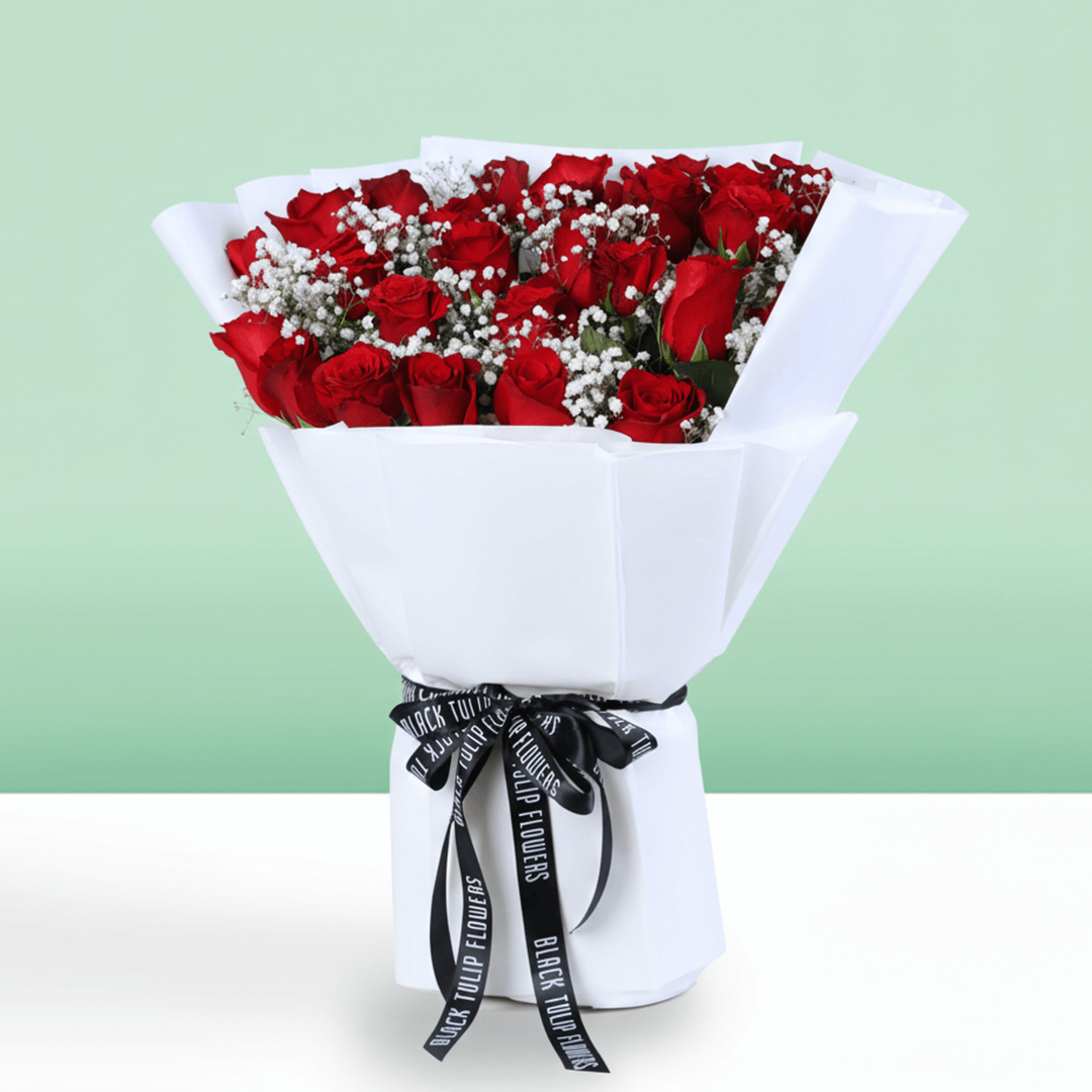 Red Roses & Baby’s Breath Valentine Bouquet - Image 4