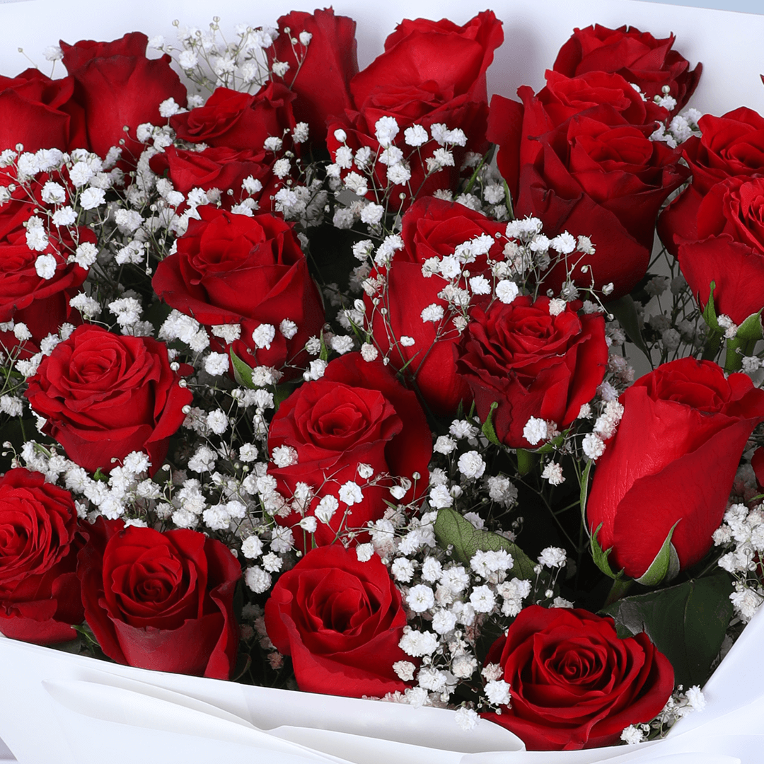 Red Roses & Baby’s Breath Valentine Bouquet - Image 2