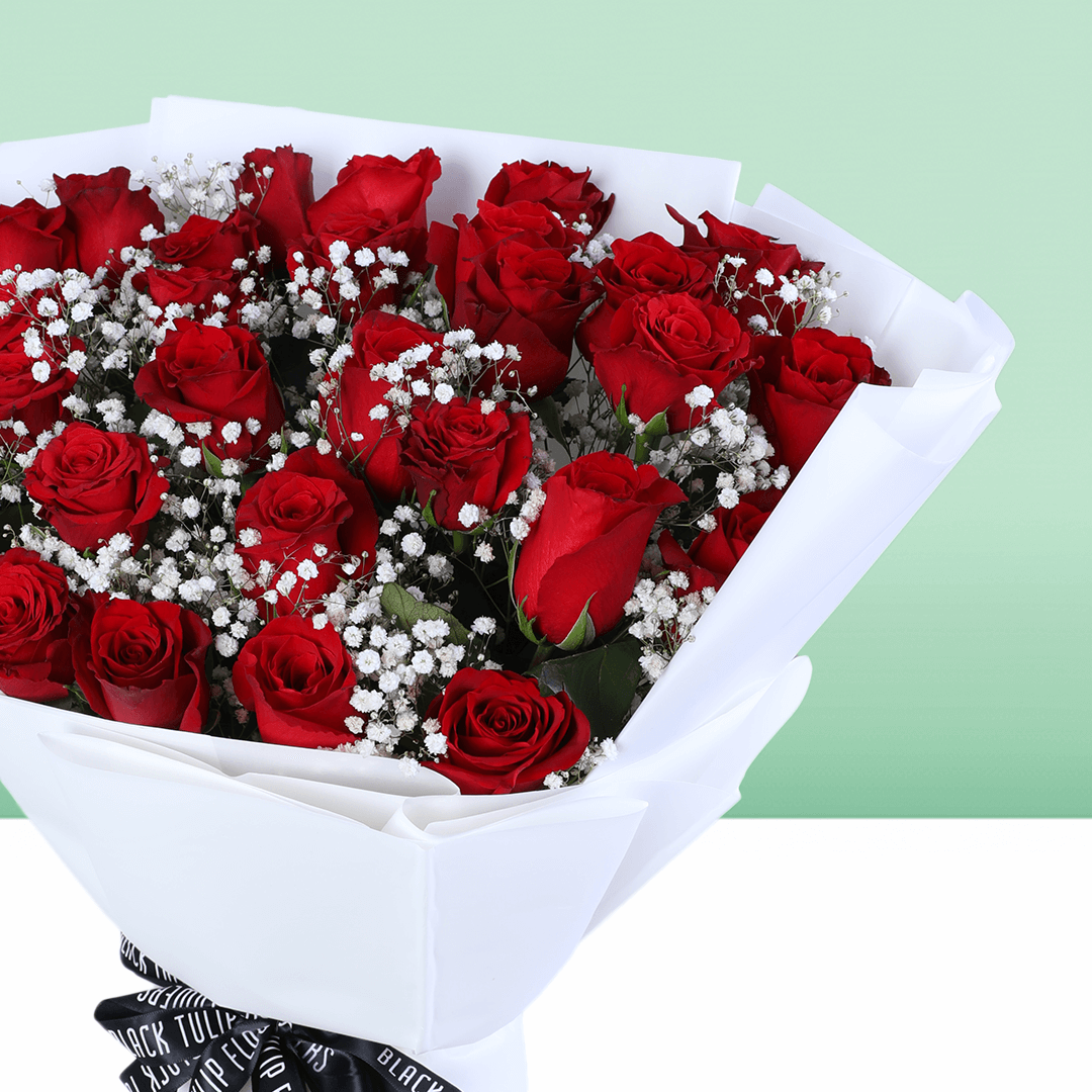 Red Roses & Baby’s Breath Valentine Bouquet - Image 3
