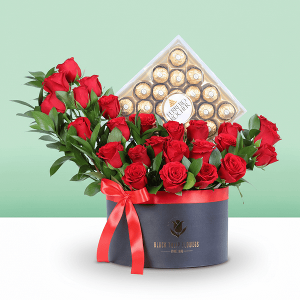 Red Roses & Ferrero Box arranged with red roses and Ferrero Rocher chocolates