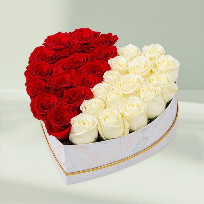 Half Red and White Roses In Marbled Box
