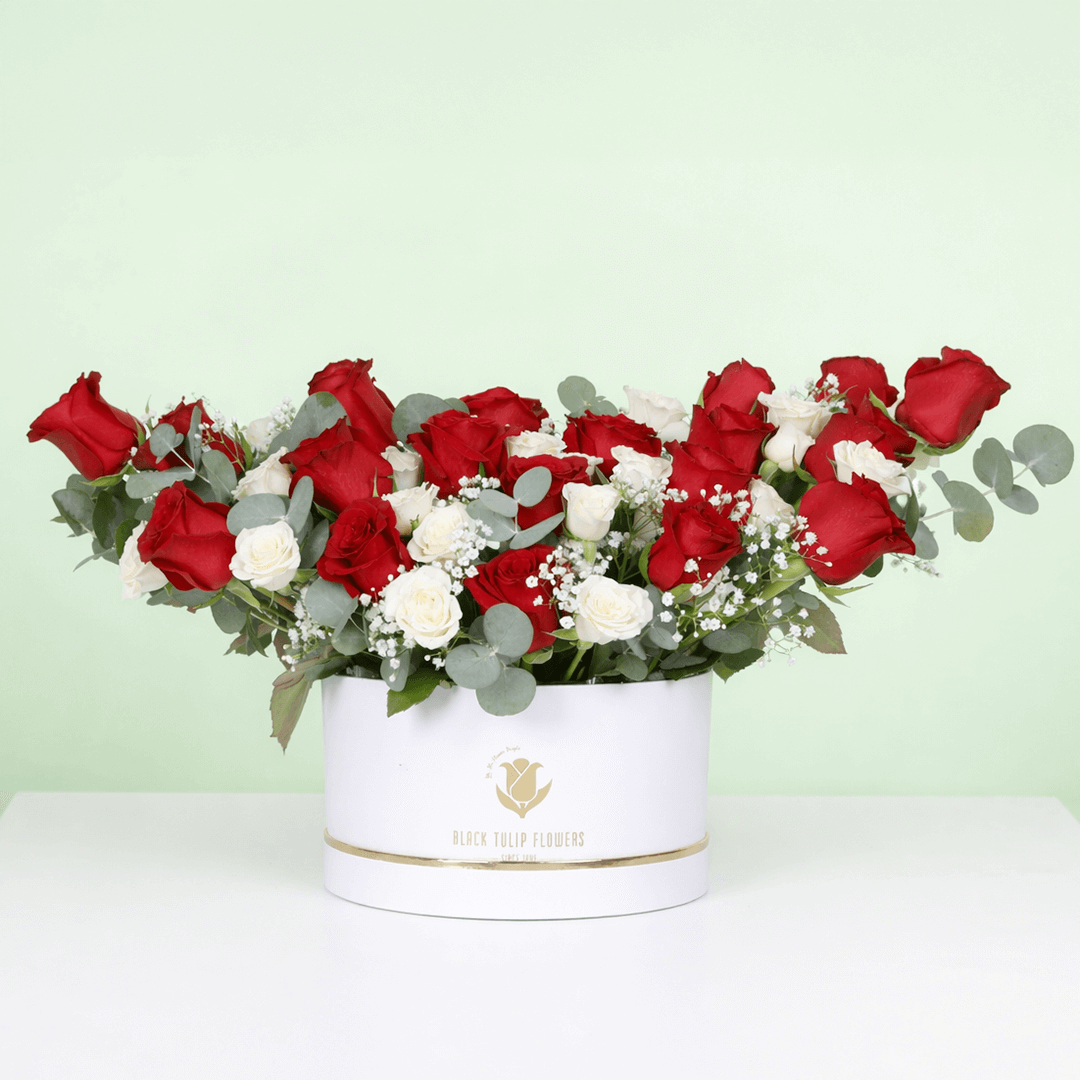 Red & White Rose Luxury Box arranged with fresh red and white roses