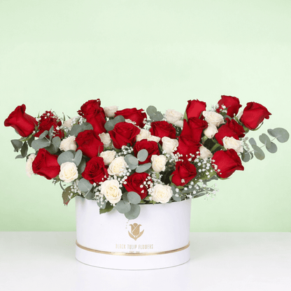 Red & White Rose Luxury Box arranged with fresh red and white roses