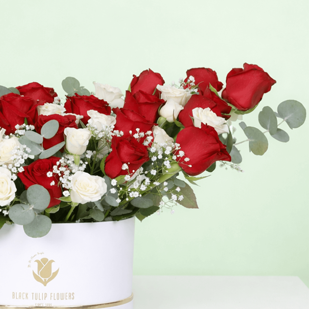 Red & White Rose Luxury Box arranged with fresh red and white roses