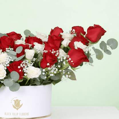 Red & White Rose Luxury Box arranged with fresh red and white roses