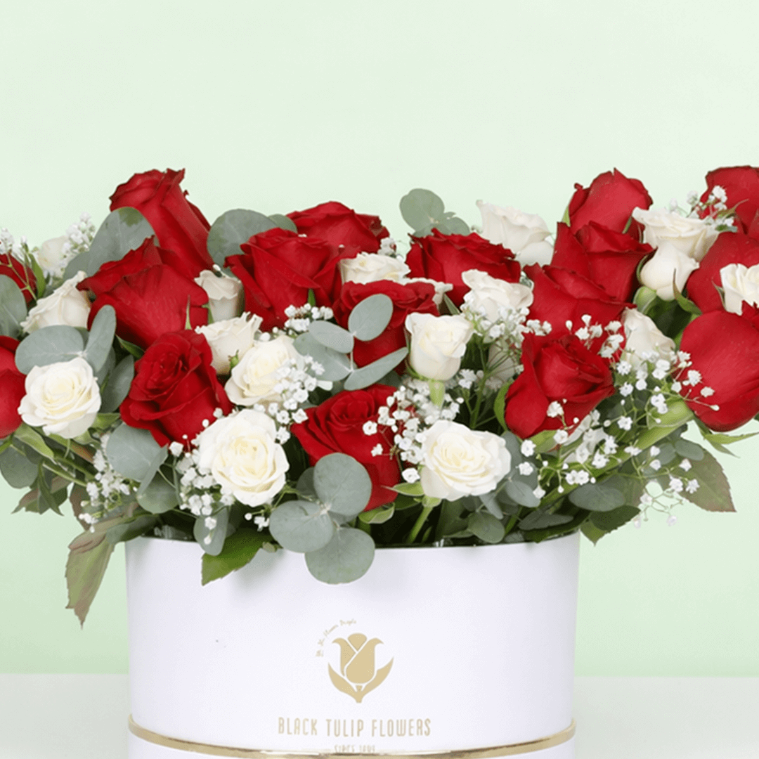 Red & White Rose Luxury Box arranged with fresh red and white roses