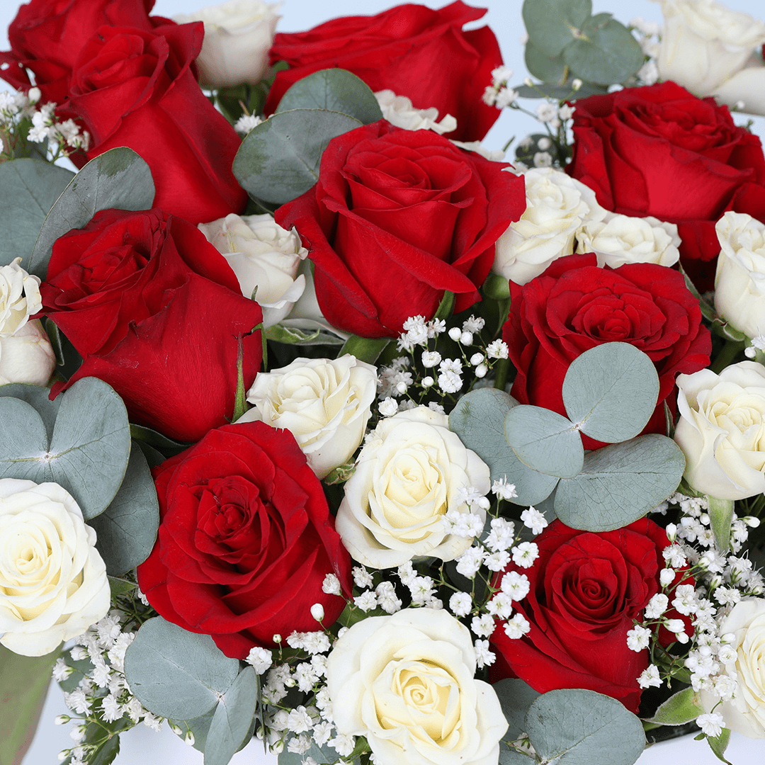 Red & White Rose Luxury Box arranged with fresh red and white roses
