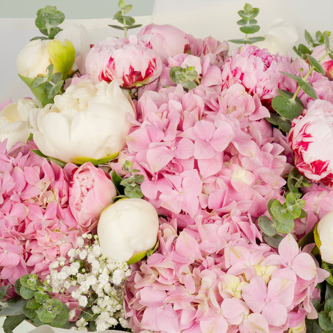 Pink peony bouquet with hydrangea and eucalyptus in Korean wrapping