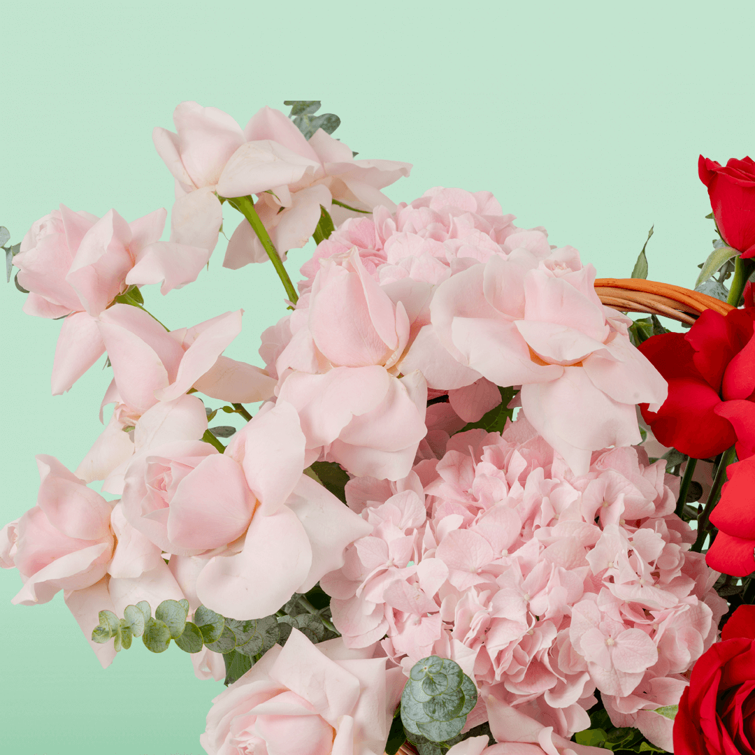 Mixed rose hydrangea basket with eucalyptus in red and pink flower tones
