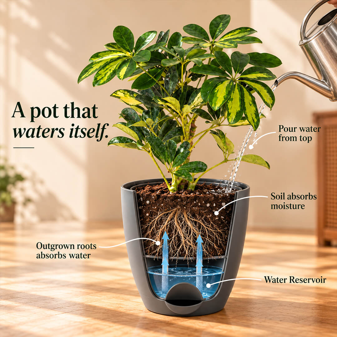 Lush green schefflera umbrella plant thriving inside a 5-inch plastic container.