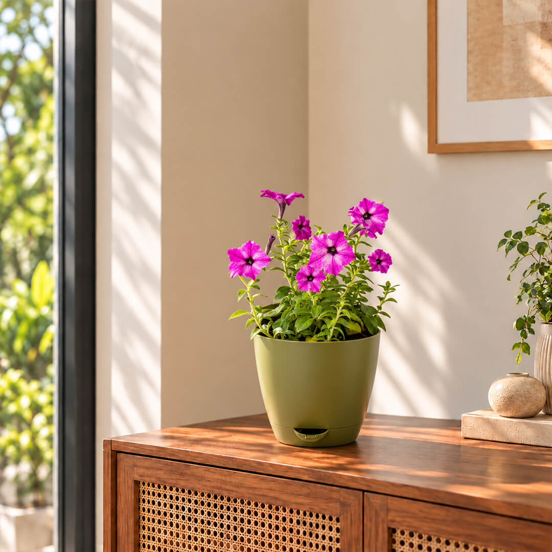 Vibrant pink sky petunia flowering plant blooming in a 7-inch plastic pot outdoors.