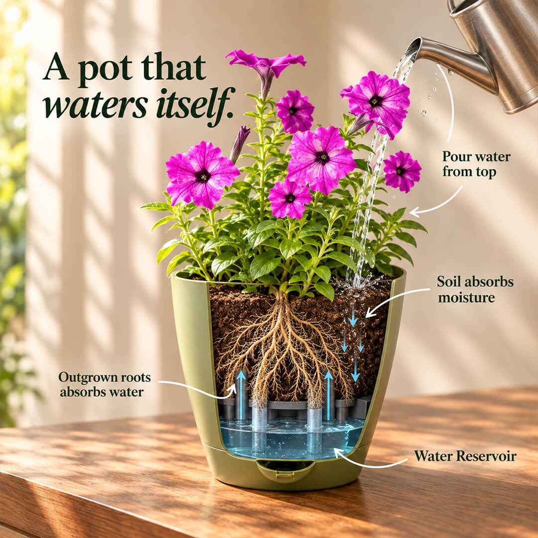 Vibrant pink sky petunia flowering plant blooming in a 7-inch plastic pot outdoors.
