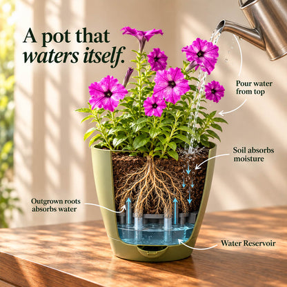 Vibrant pink sky petunia flowering plant blooming in a 7-inch plastic pot outdoors.