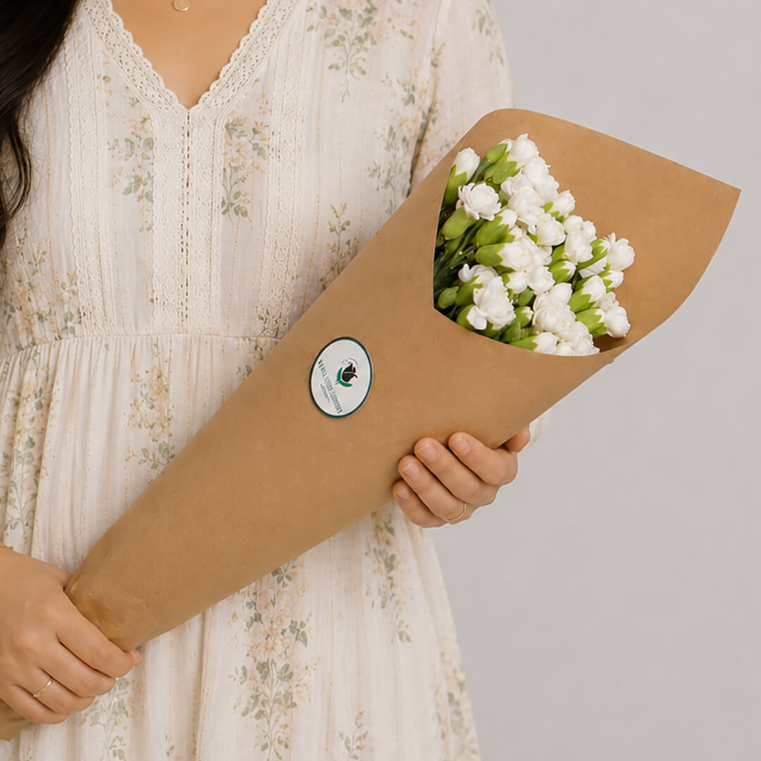 Fresh Spray Carnation blooms bundled in brown paper
