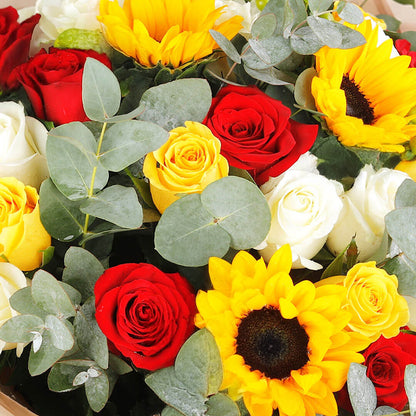 Sunflower, rose, hypericum and eucalyptus bouquet in Korean-style wrapping.