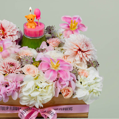 Sweet Blossom Delight with assorted roses, tulips, carnations, anthurium and candle in tray