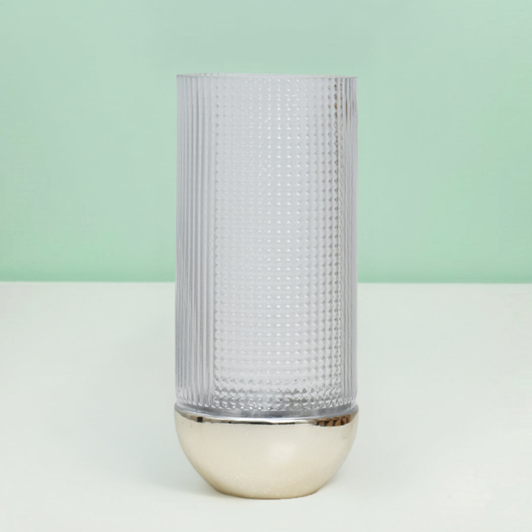 Tall Bullet Cylinder Glass Vase With Metallic base