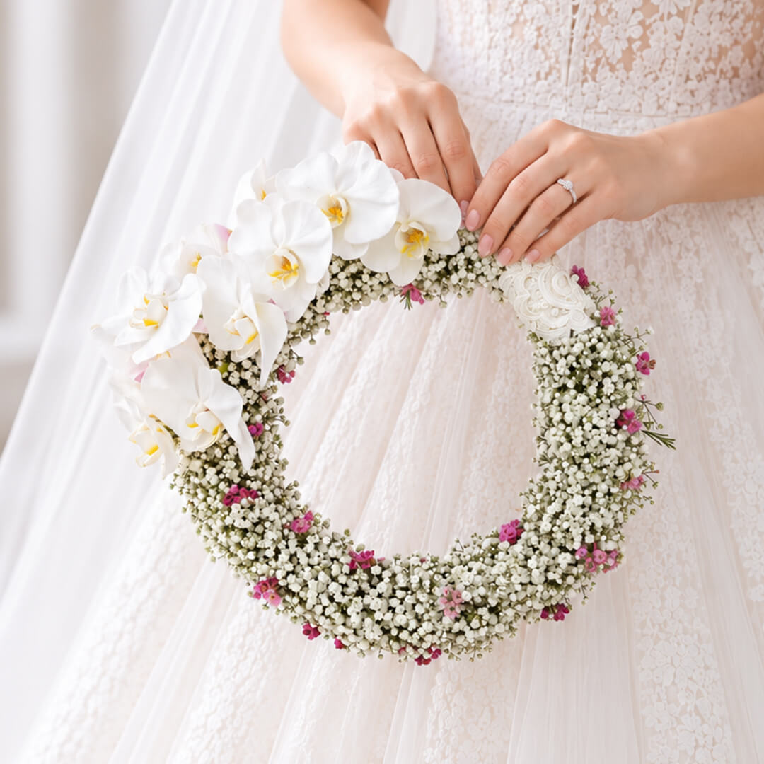 White Cymbidium bridal wreath with Gypsophila, wax flowers, and steel grass in a circular design