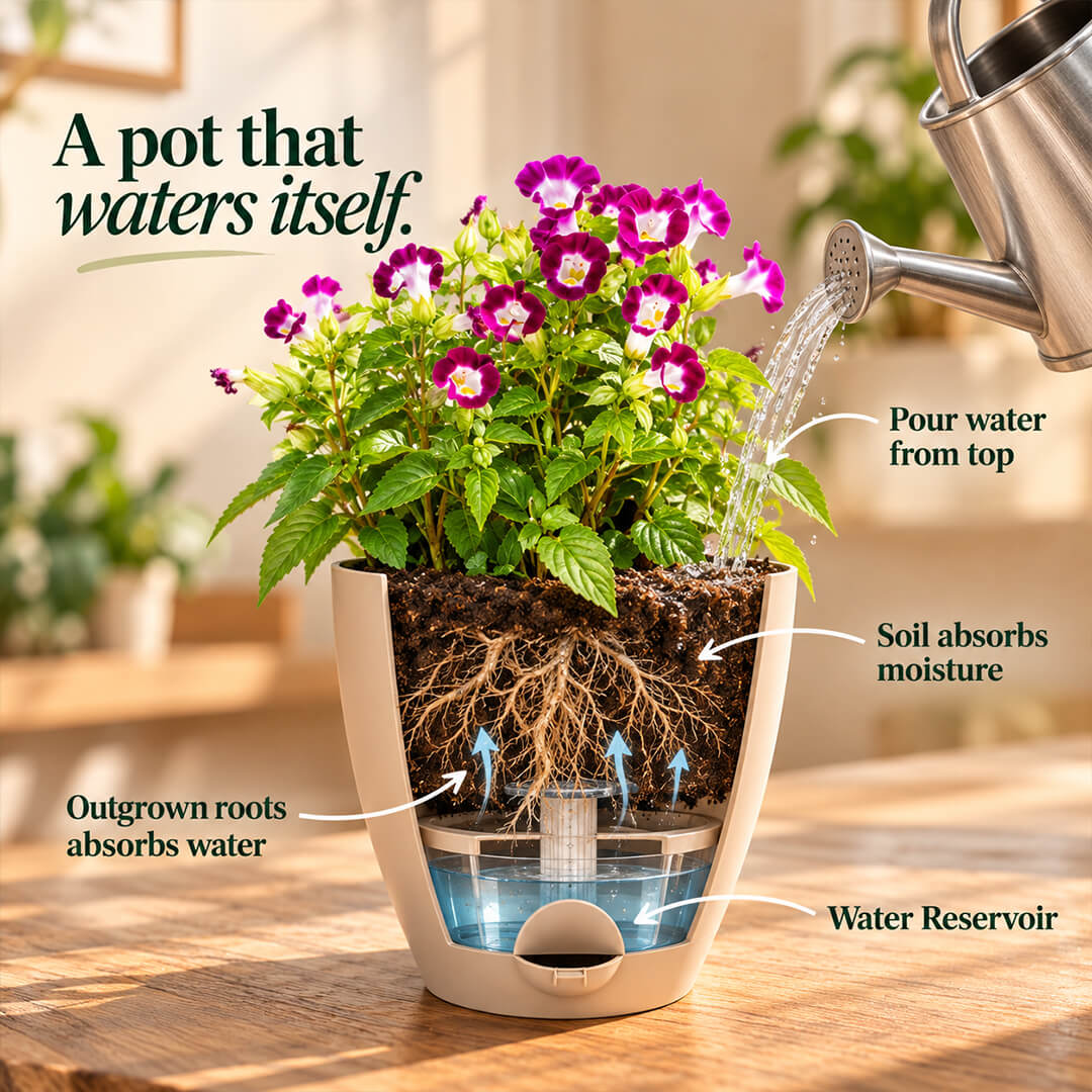 Healthy green torrenia flowering plant growing in a 7-inch plastic pot.