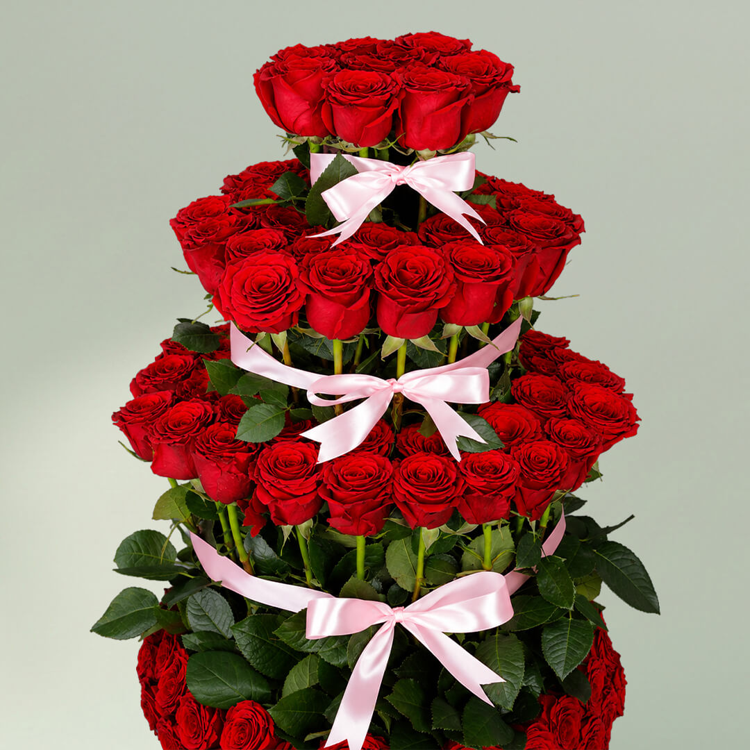 Tower of Roses Red featuring 90 to 110 fresh roses in premium round box