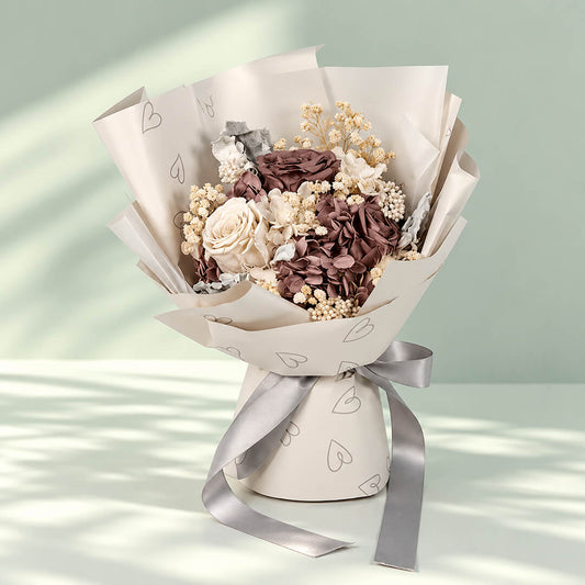 Tranquil Beauty preserved flower bouquet featuring assorted blooms, elegant textures, and timeless floral beauty by Black Tulip Flowers.
