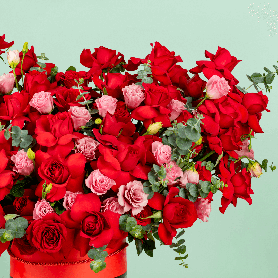 Enchanted red rose box with Eustoma eucalyptus and premium round red base