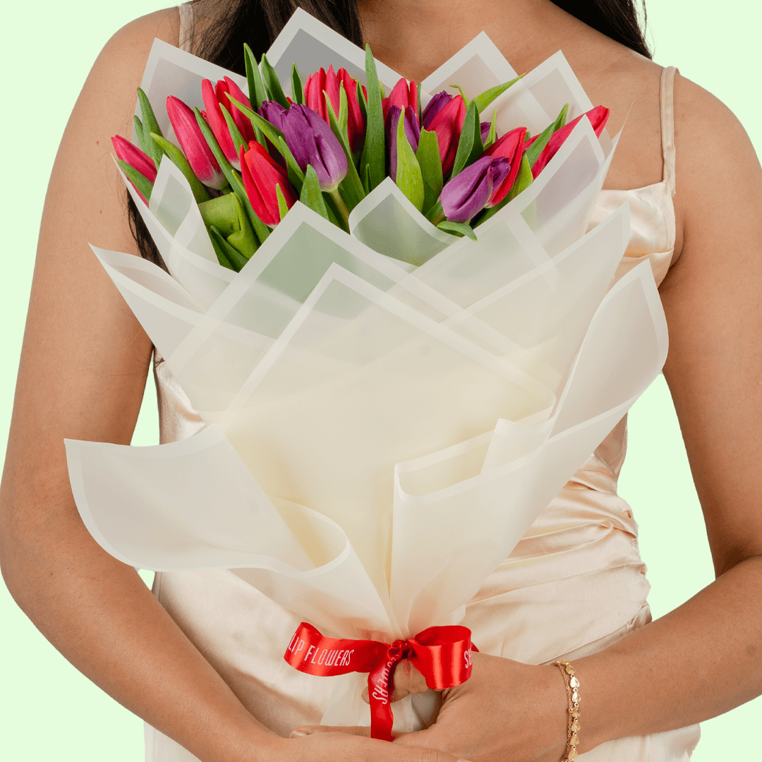 Dusky Charm pink and purple tulip bouquet with Korean style flower wrapping