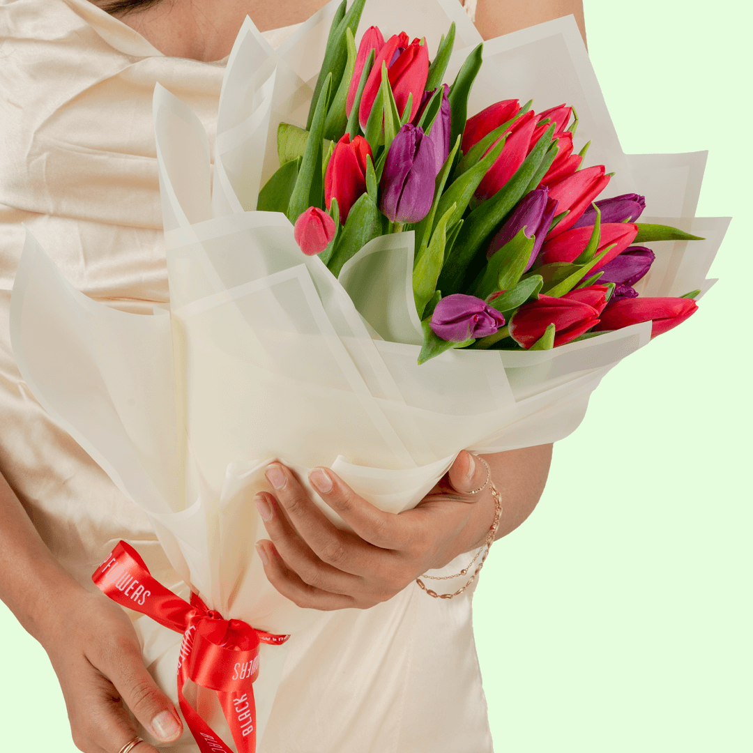 Dusky Charm pink and purple tulip bouquet with Korean style flower wrapping