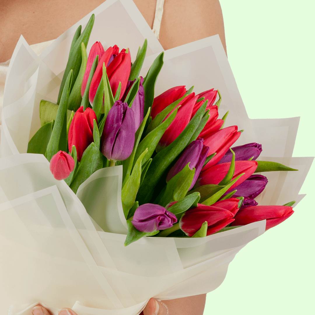Dusky Charm pink and purple tulip bouquet with Korean style flower wrapping