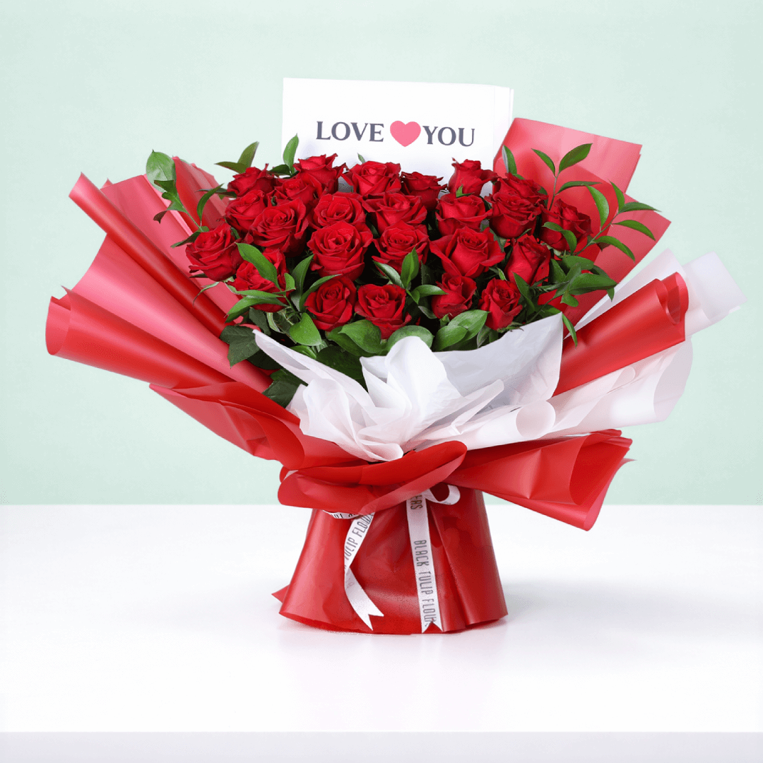 Romantic Crimson Rose Romantic Crimson 25 Rose Bouquet arranged with 25 red roses with lush foliage- Image 1