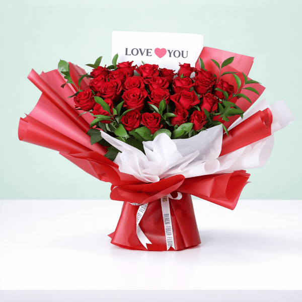 Romantic Crimson Rose Romantic Crimson 25 Rose Bouquet arranged with 25 red roses with lush foliage- Image 1