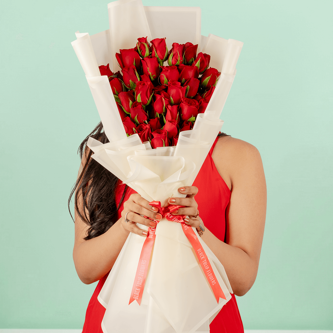 Red Rose Vow Bouquet arranged with 30 premium red roses with fresh foliage