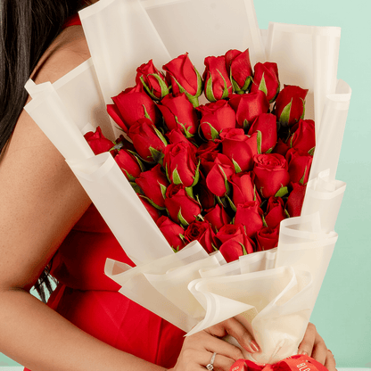 Red Rose Vow Bouquet arranged with 30 premium red roses with fresh foliage