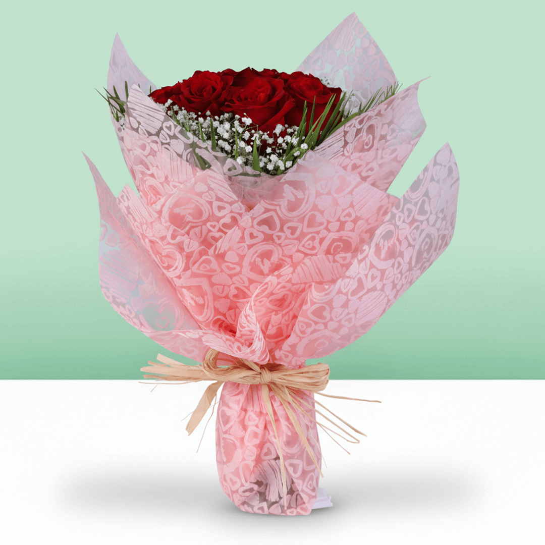 10 Red Rose Gypso Bouquet arranged with 10 red roses, soft gypso and fresh greenery