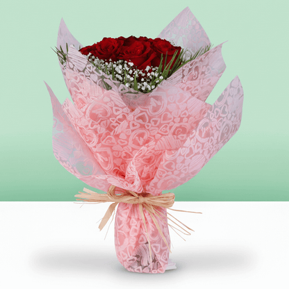 10 Red Rose Gypso Bouquet arranged with 10 red roses, soft gypso and fresh greenery