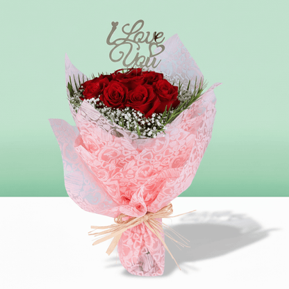 10 Red Rose Gypso Bouquet arranged with 10 red roses, soft gypso and fresh greenery