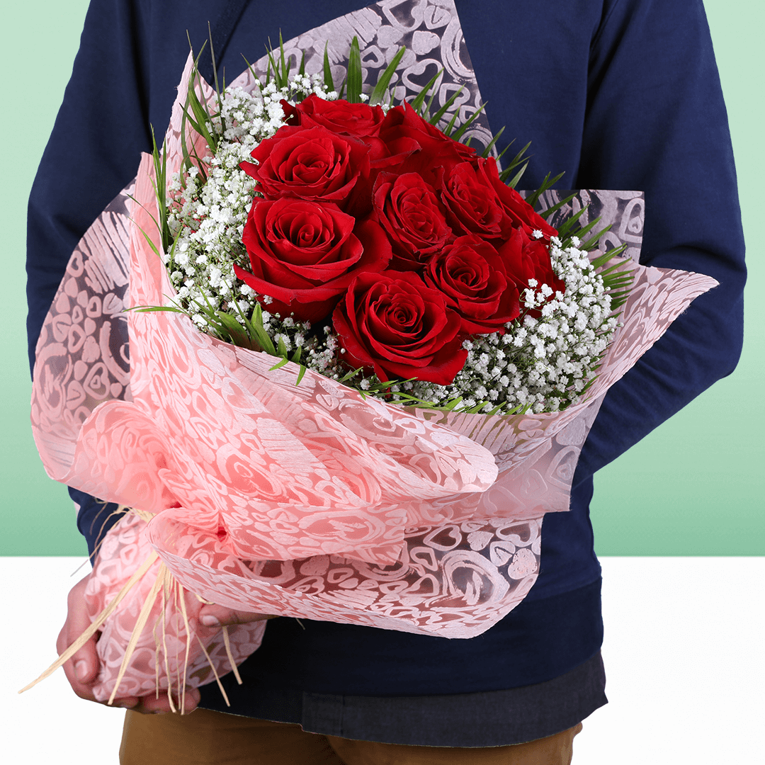 10 Red Rose Gypso Bouquet arranged with 10 red roses, soft gypso and fresh greenery