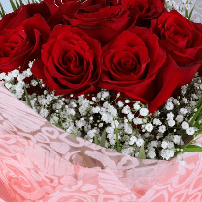 10 Red Rose Gypso Bouquet arranged with 10 red roses, soft gypso and fresh greenery